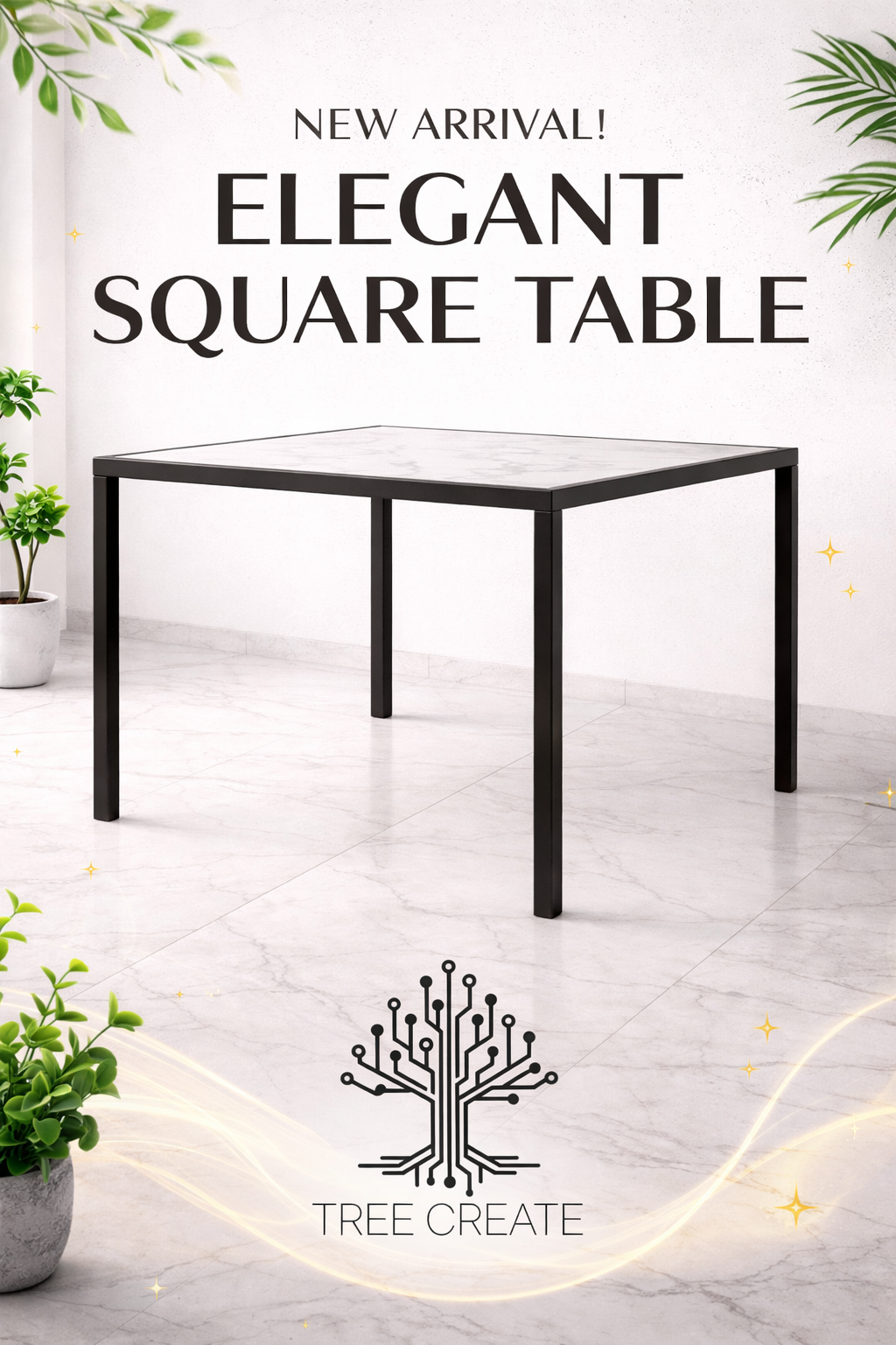 Square table with slim black frame and marble top