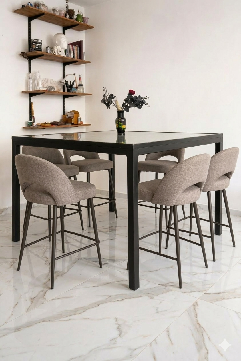 Table with black steel frame and glass top in a dining setting
