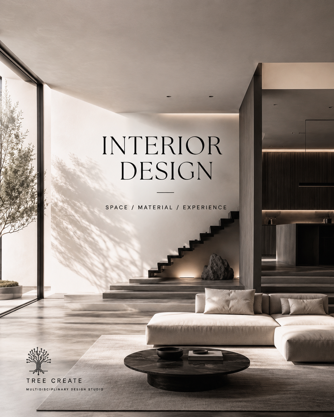 Designed interior space with layered materials